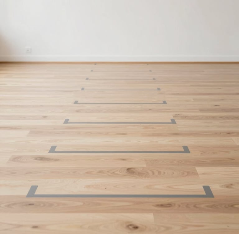 Clean editorial photography of a minimalist yoga studio with bright diffused daylight, showcasing a wooden floor and neutral alignment markings, 35mm.