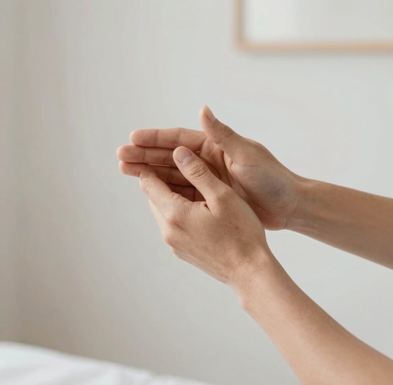 Close-up of respectful hands-on alignment adjustment in a bright minimalist studio, neutral muted tones, focus on professional technique, 35mm.