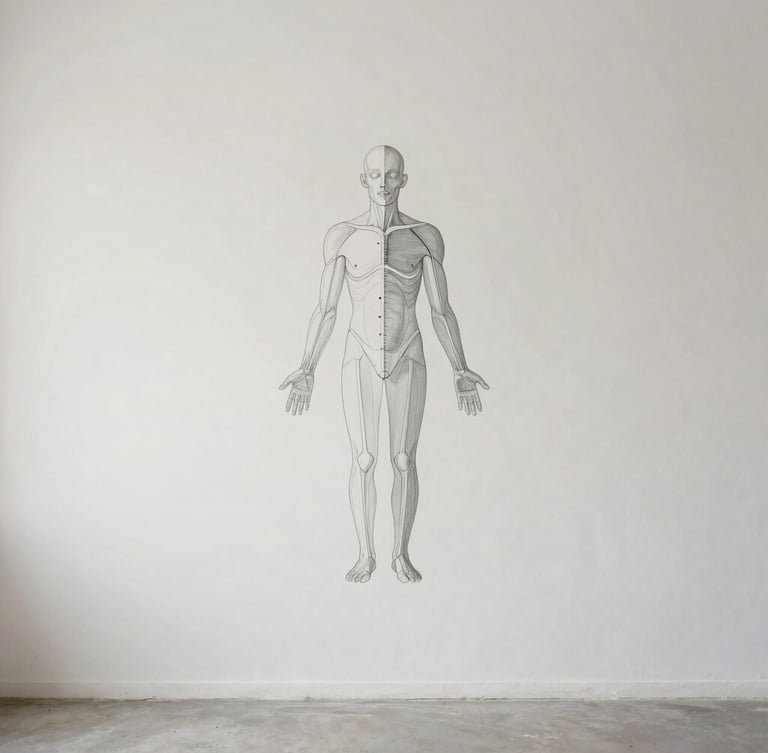 Anatomical alignment diagram on a minimalist studio wall, bright diffused daylight, neutral muted tones, 35mm
