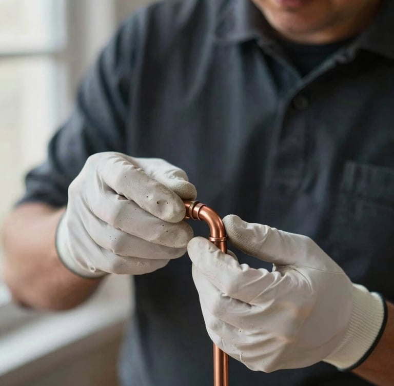 Portrait-oriented close-up of a master plumber's hands meticulously joining polished copper pipes, wearing clean white gloves, soft natural light, shallow depth of field.