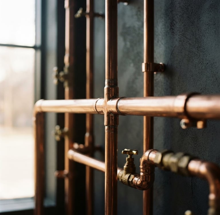 Close-up of meticulously polished copper pipes, precisely joined, with soft natural window light reflecting off the surface, shallow depth of field. Architectural, high-end.