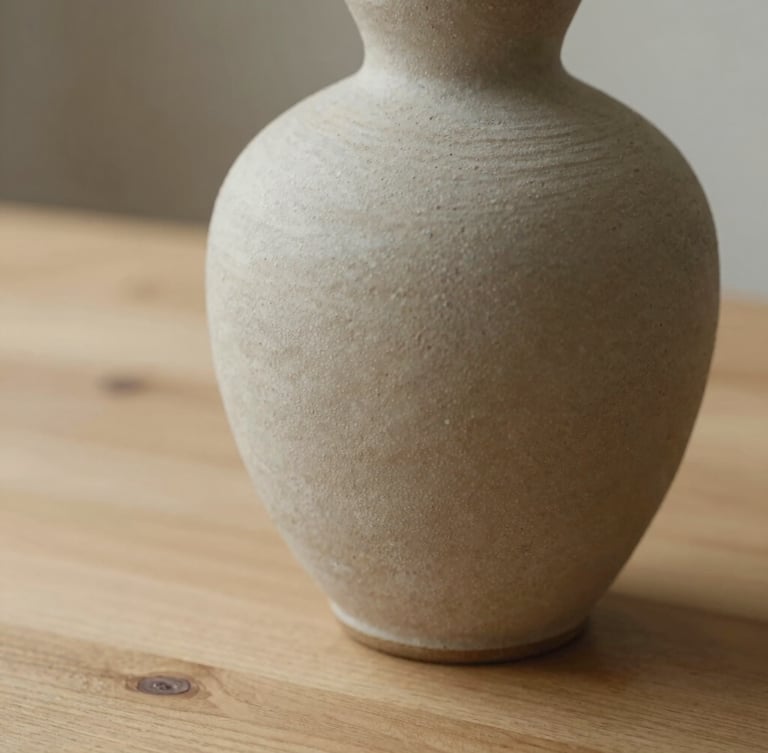 A tactile close-up of a textured ceramic vase on a raw wooden table, soft natural daylight casting gentle warm shadows, 35mm lens, shallow depth of field