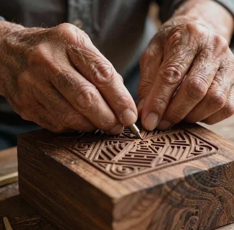 Close-up of an elderly artisan's hands carefully carving intricate geometric patterns into a solid block of dark wood, warm natural side-lighting, shallow depth of field.