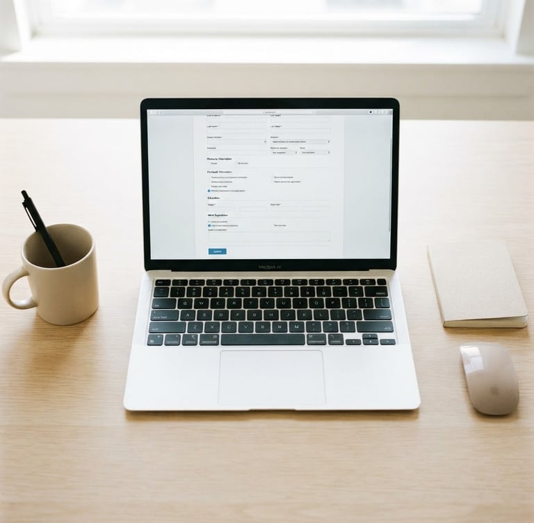 Overhead flat-lay of a clean minimalist desk, open laptop showing a structured job application form, bright high-key natural daylight, crisp details, 35mm