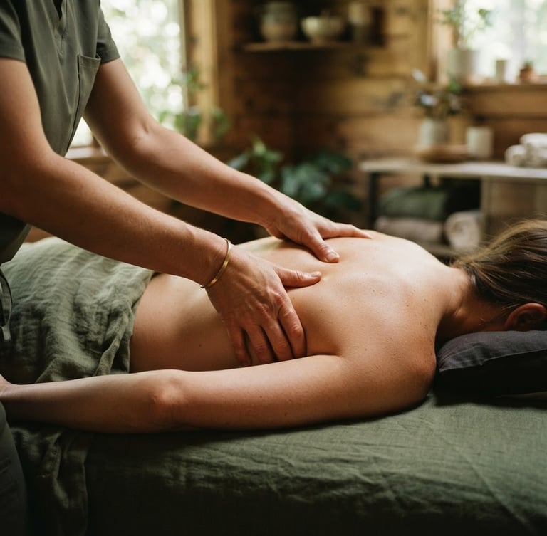 Professional close-up of warm hands performing a precise physical therapy massage on a back, soft-lit natural wood treatment room, shallow depth of field, 35mm