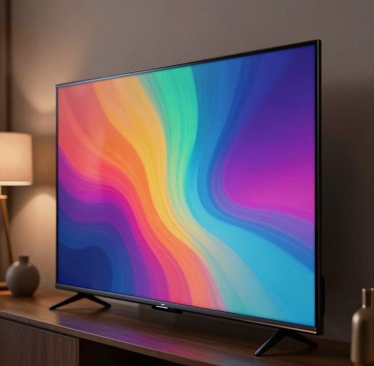 Close-up of an ultra-thin modern television screen displaying vibrant, high-contrast colors in a dimly lit, elegant Bogotá living room. Sleek metallic edge visible, soft ambient light.