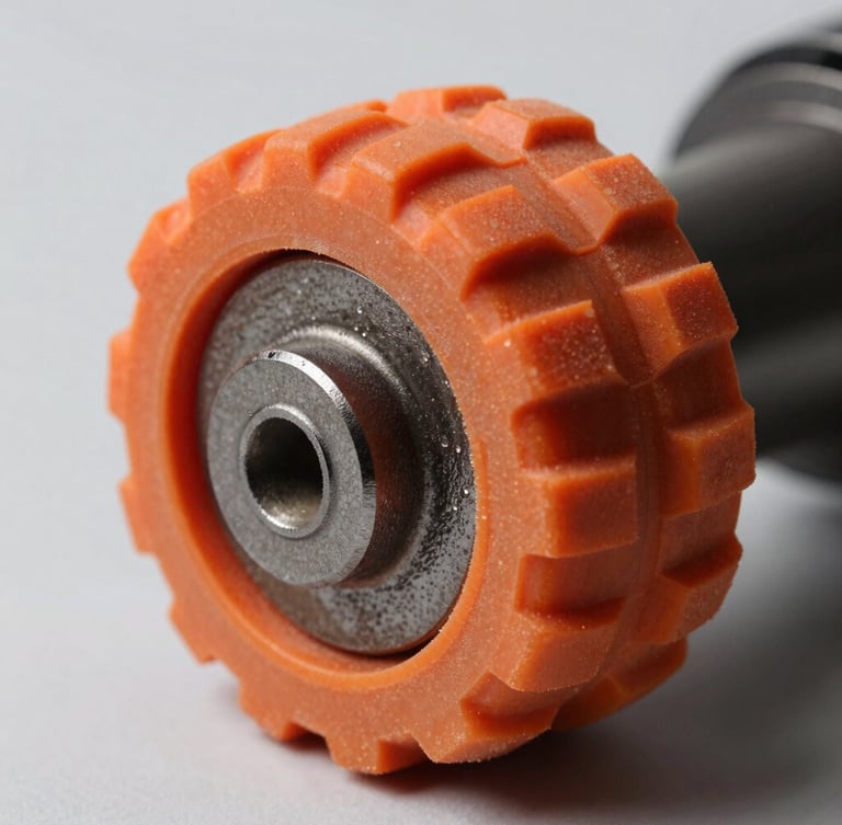 Macro detail shot of a molded orange polyurethane caster tread on a heavy cast iron core, clean light-grey background, high-contrast side-lighting emphasizing material texture.