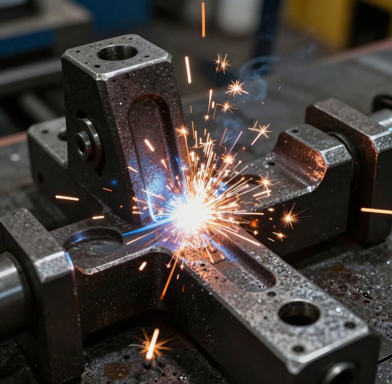 High-contrast industrial close-up of heavy-duty steel caster fabrication, sparks flying from a precise weld, dark metallic textures, dramatic side-lighting.