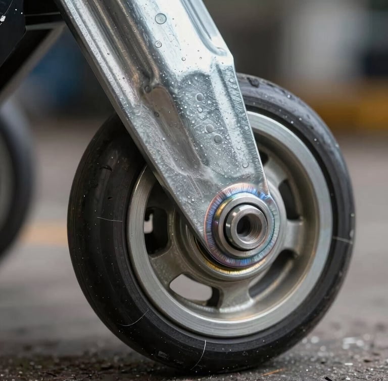 Macro side-lit view of a heavy-duty polyurethane caster wheel with a thick forged steel mounting plate, clean industrial welds, high-contrast lighting on metallic surfaces.