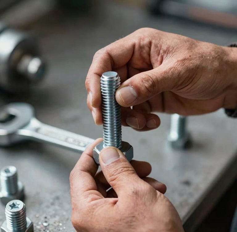 Close-up of a worker's hands tightening a heavy steel bolt with a wrench, natural daylight, high contrast, industrial setting.