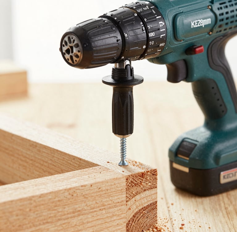 Macro shot of a high-quality cordless drill driver inserting a screw into a clean wooden joint, sawdust particles, bright natural light