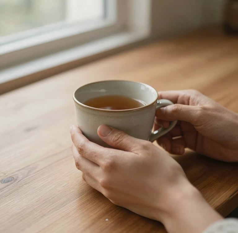Soft close-up of hands holding a warm ceramic cup on a wooden table, natural light, gentle earth tones, shallow depth of field