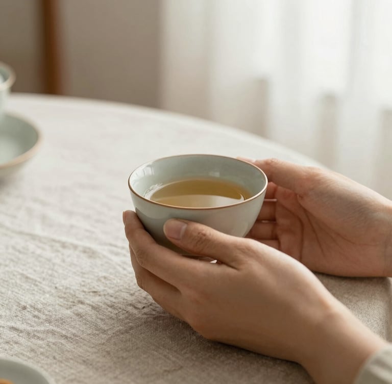 Close-up of hands holding a warm ceramic tea cup, soft natural light, linen tablecloth, peaceful and cozy atmosphere