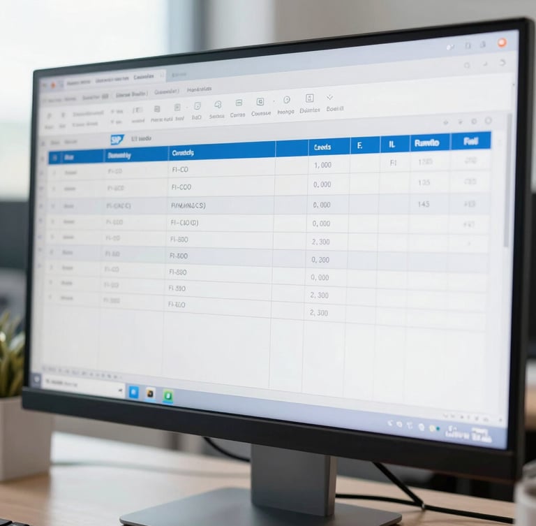 Close-up of a clean SAP FI-CO ledger interface on a modern monitor, bright natural office light, professional cool tones, sharp focus, 35mm lens