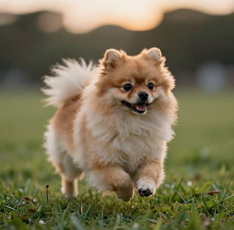 Plano medio de un cachorro Pomerania de linaje seleccionado corriendo sobre césped verde recién cortado, luz suave de atardecer, fondo desenfocado.