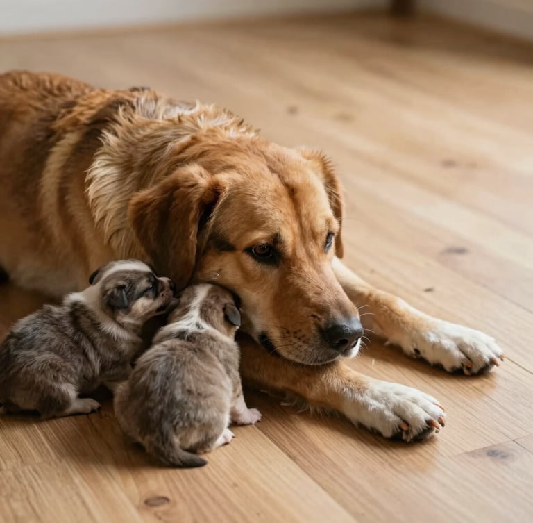 Close-up shot of a healthy mother dog resting with her puppies on a clean light oak floor, soft natural side lighting, warm tones