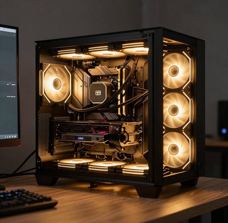 Cinematic portrait of a high-end streamer desk setup in a low-light environment, gold ambient lighting casting sharp rim lights on a custom liquid-cooled PC rig