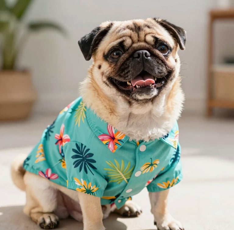 Vibrant pet photography, a happy pug wearing a colorful tropical teal shirt, warm natural daylight, cheerful bright colors, shallow depth of field.