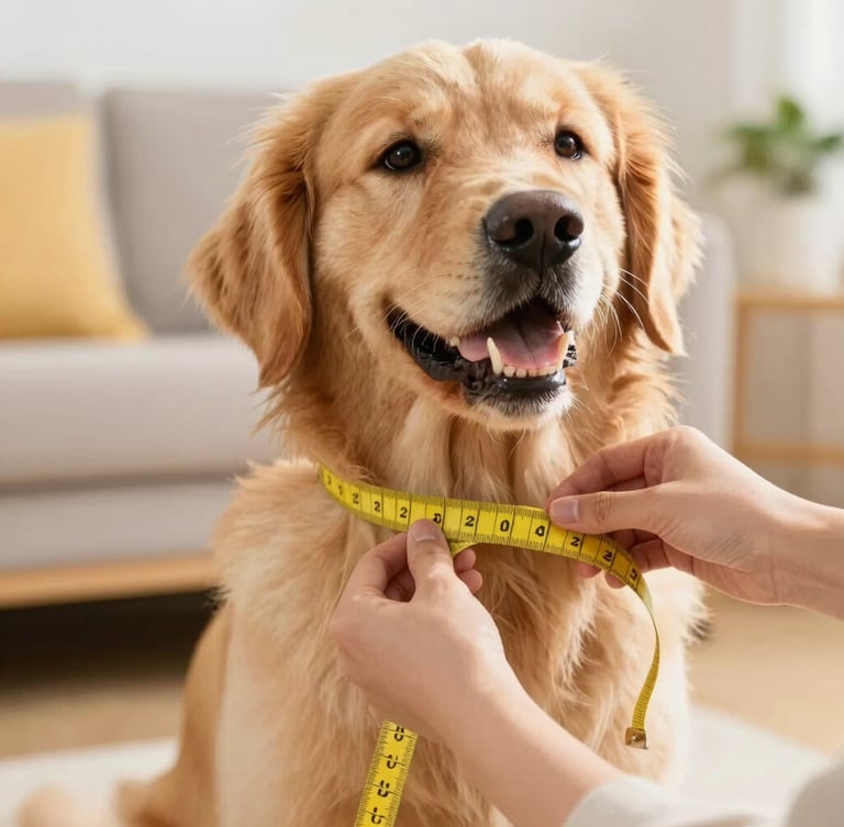 Detailed close-up of hands gently measuring a happy golden retriever's chest with a yellow tape measure, soft warm daylight, cozy home background