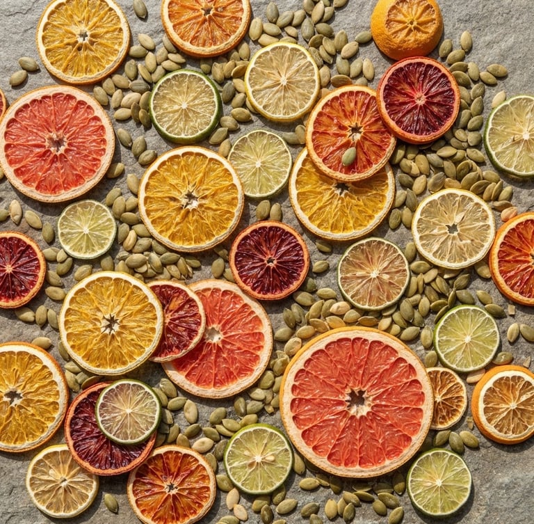 Overhead flat-lay of vibrant dehydrated citrus slices and raw pumpkin seeds on a clean stone surface, bright natural sunlight with sharp crisp shadows