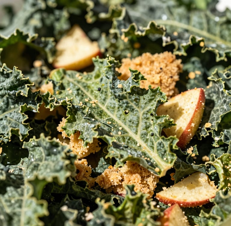 Macro shot of dehydrated kale and apple crisp textures, showing fine organic fibers, bright natural sunlight, sharp shadows
