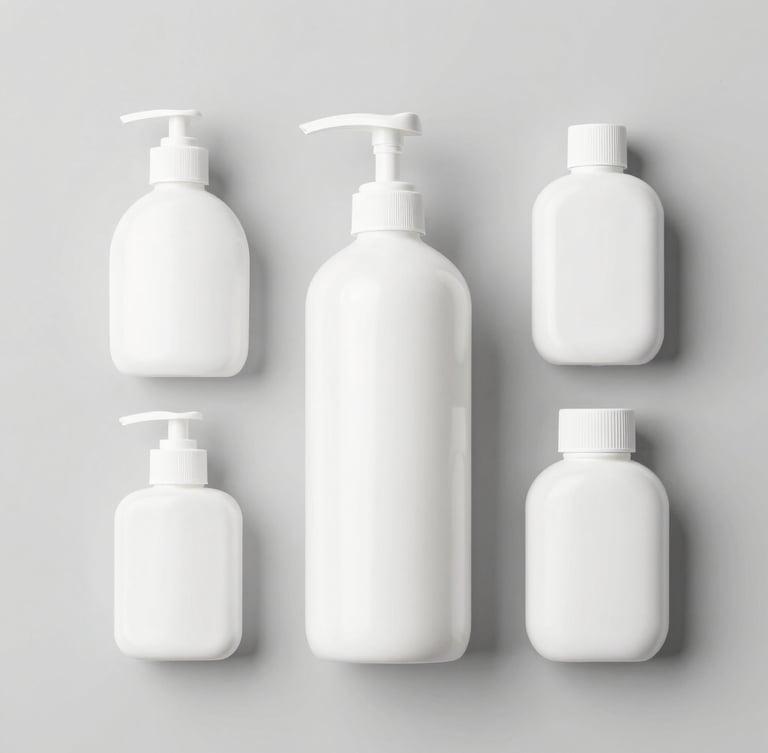 Bright high-key clean product photography, organized flat-lay of household essentials and school supplies on a seamless light gray backdrop, crisp studio lighting.