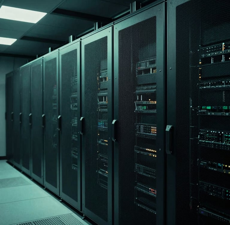 Wide, structured architectural shot of a server farm interior, cool-toned low-key studio lighting with sharp cyan accents, high contrast, 35mm lens, portrait aspect
