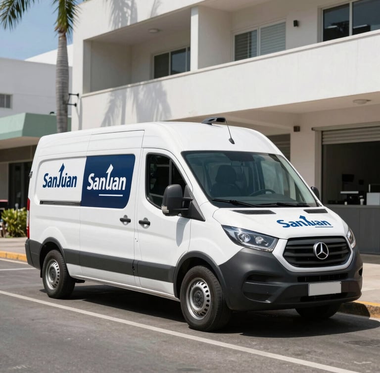 A commercial service van with branded markings parked on a bright San Juan street in high daylight, sharp focus, 35mm lens.