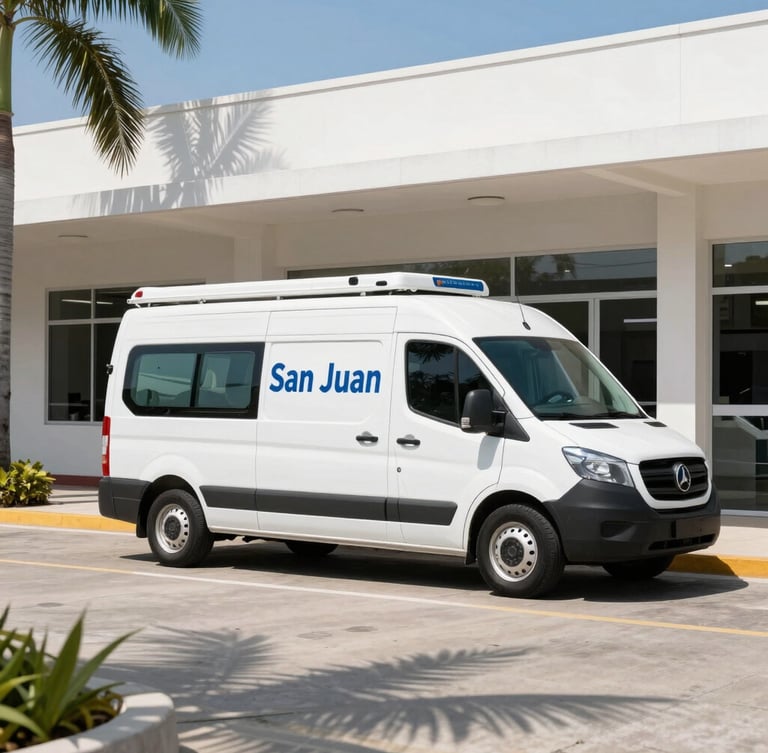 A clean, branded service vehicle parked outside the active San Juan dispatch office under bright tropical daylight, professional architectural framing.