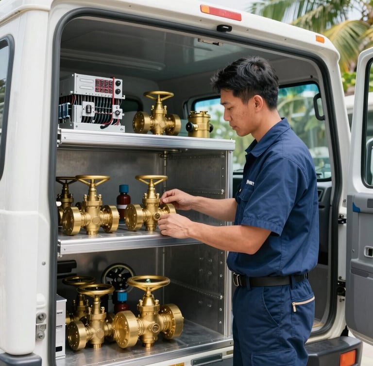 A medium-close shot of a uniformed technician organizing heavy brass valves and electrical components inside a bright, clean, fully stocked utility truck, natural daylight.