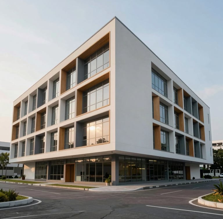 Wide-angle architectural shot of a modern Indonesian university building designed with clean Scandinavian lines, light wood accents, large glass windows, and diffused morning daylight.