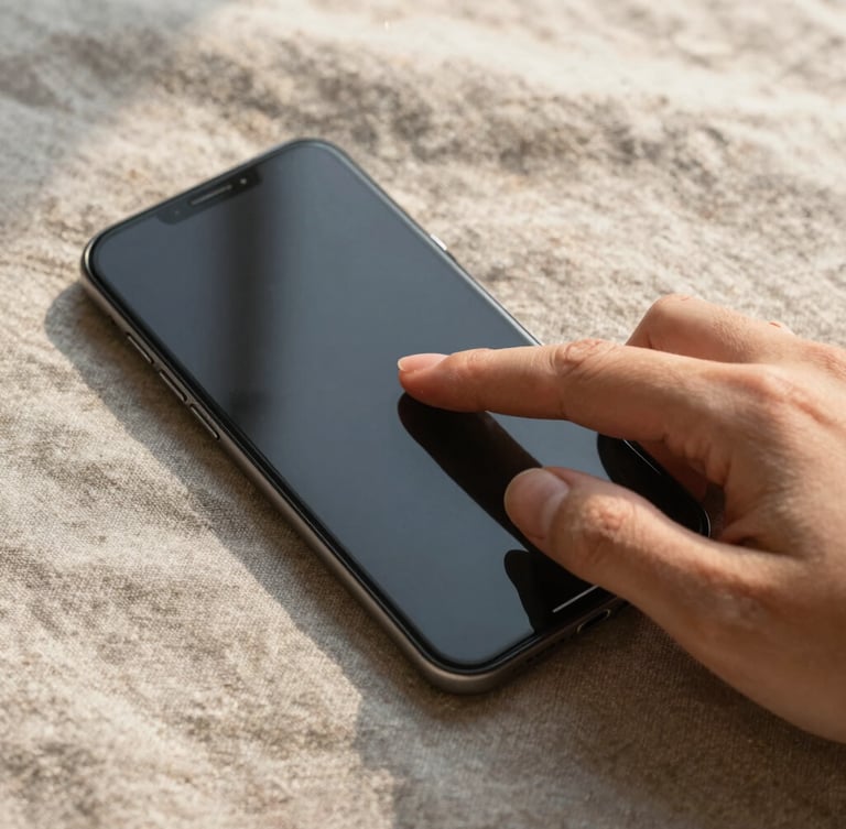 Top-down macro shot of a thumb interacting with a sleek Android phone on linen sheets, displaying smooth gesture transitions and warm morning light.