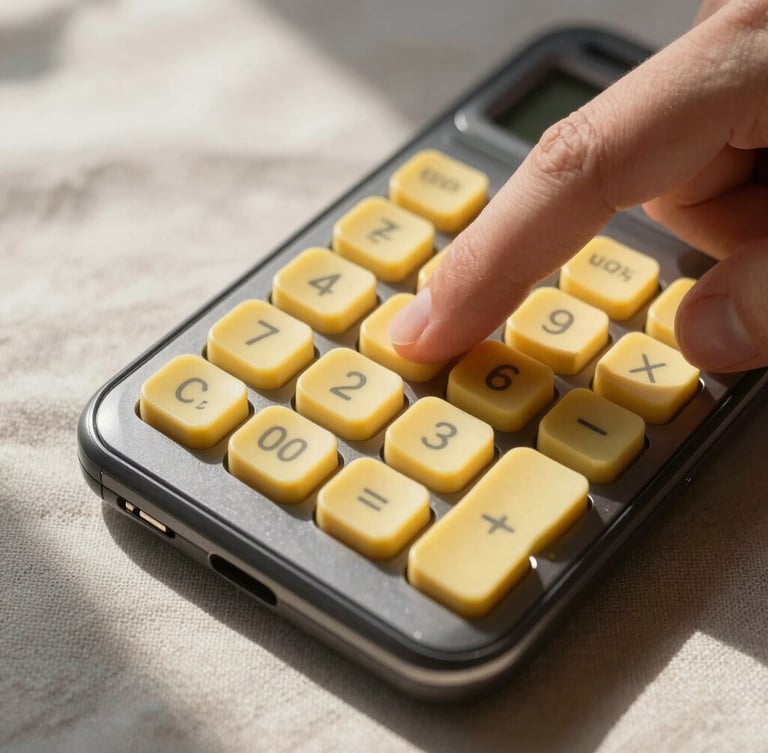 A close-up top-down view of a thumb tapping a springy, butter-yellow calculator button on a real Android phone, warm morning sunlight casting soft shadows on a linen sheet.