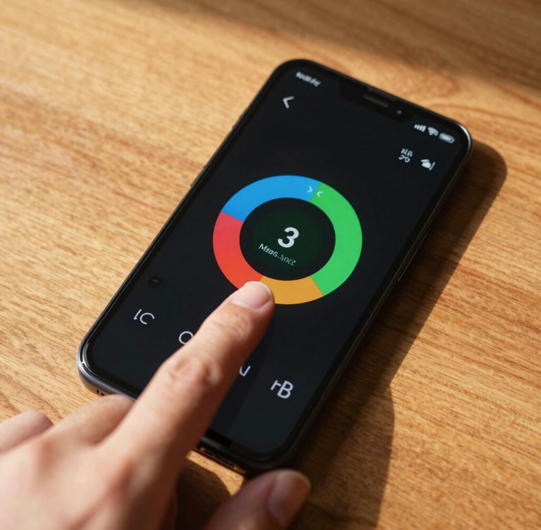 A close-up top-down shot of a thumb tapping a vibrant weather widget on a Pixel phone, resting on a warm wooden desk with morning sunlight casting soft shadows.