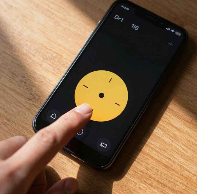 Top-down macro shot of a thumb tapping a warm yellow weather widget on a Pixel phone, soft morning sunlight casting long shadows across a wooden desk.