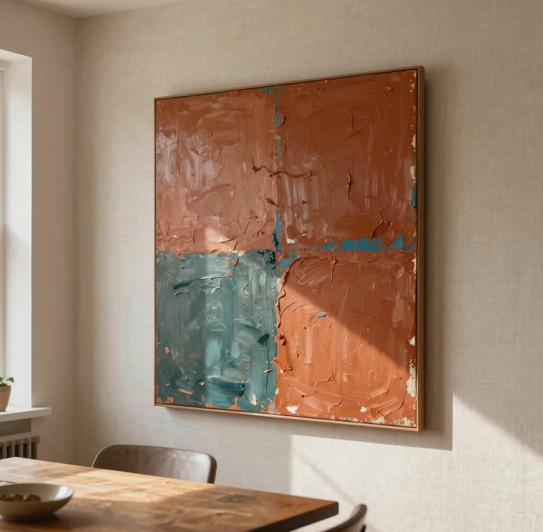 A large mixed-media painting with thick terracotta acrylic and teal oil pastel smudges, hanging on a warm linen-textured wall in a sunlit Portland dining room, soft natural daylight.