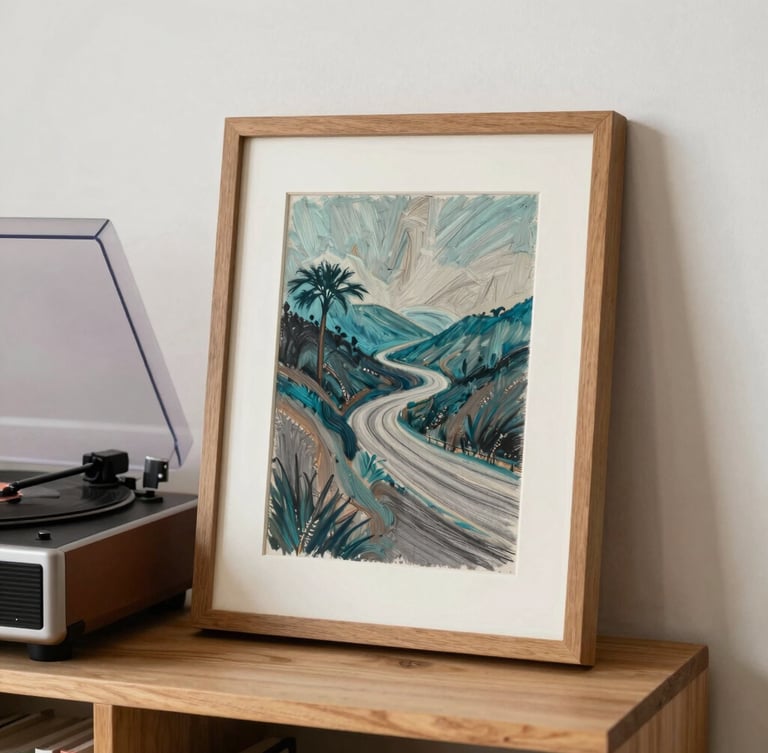 A framed oil pastel drawing with deep teal and warm gray tones, styled on a wooden shelf next to a record player in a bright California studio, soft shadows.
