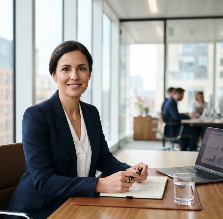 Professional portrait of a calm, trustworthy financial expert in a modern, bright office, corporate navy and clean white tones, shallow depth of field, 35mm lens, positioned on the left side of a wide frame.