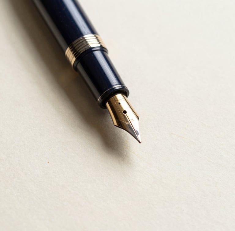Macro close-up of high-end fountain pen resting on structured cream paper with subtle gold leaf embossing, soft dramatic shadows, warm daylight, 35mm