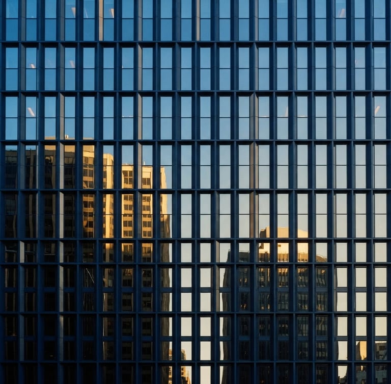 Sharp architectural crop of modern corporate office facade, deep navy steel framing and high-contrast glass reflecting morning light, minimalist composition, 35mm