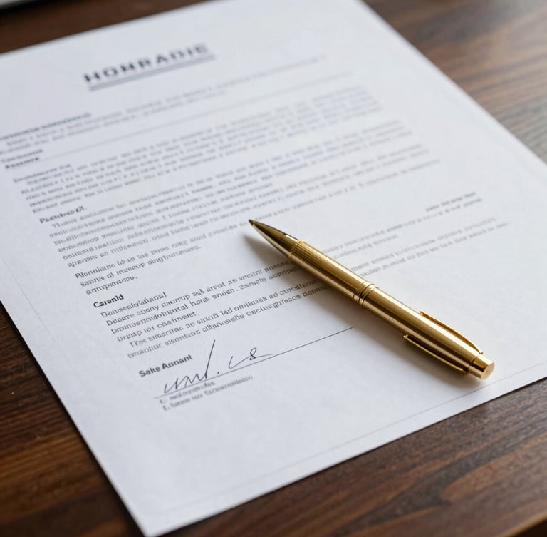 Close-up of technical blueprints overlaid with signed legal contracts on a dark oak desk, sharp side lighting, gold pen reflecting light, 35mm
