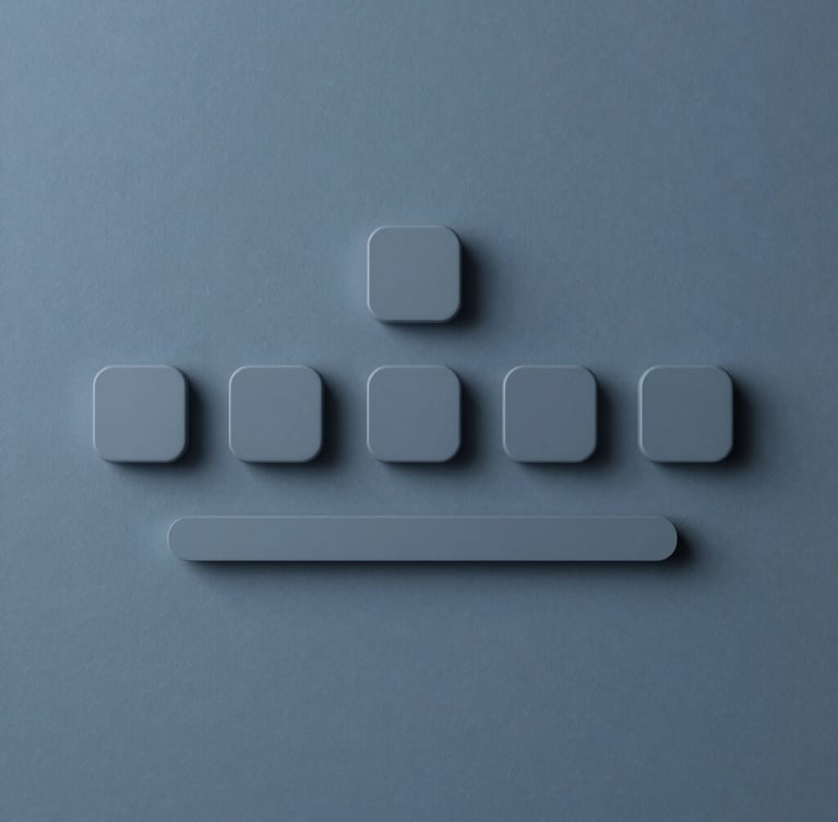 Strict orthographic projection of a minimalist digital interface layout on a cool slate blue screen, soft diffused side lighting, clean alignment.