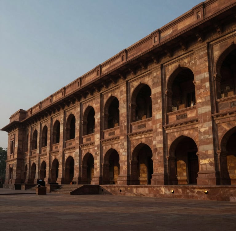 Wide panoramic architectural detail of the Parliament of India in New Delhi, low-key dramatic side-lighting, soft golden hour shadows, elegant stone textures.