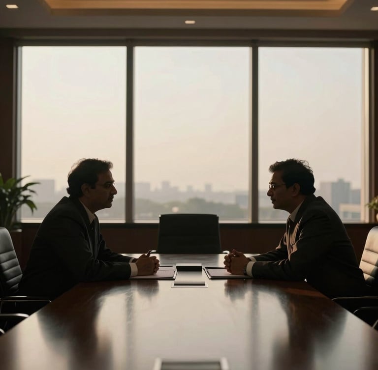 Discreet, anonymous silhouette of a political leader in deep consultation in a high-end New Delhi executive boardroom, soft golden hour lighting, cinematic framing.