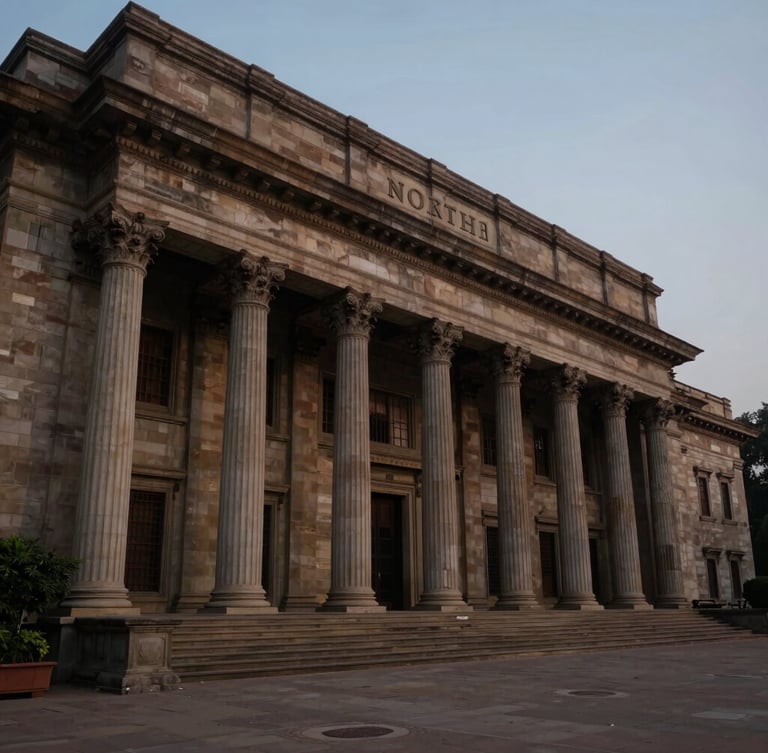 A wide cinematic shot of the grand stone facade of the North Block in New Delhi at dusk, low-key dramatic lighting highlighting the classical columns, deep shadows.