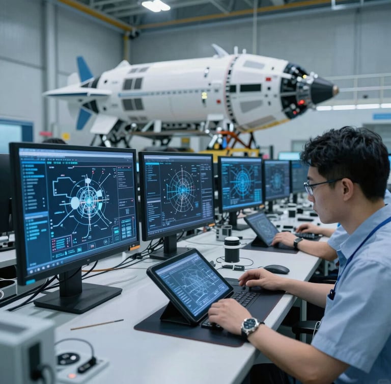 Wide shot of an advanced aerospace assembly facility, engineers analyzing complex digital schematics on tablets, cool blue and slate tones, precise technical lighting.