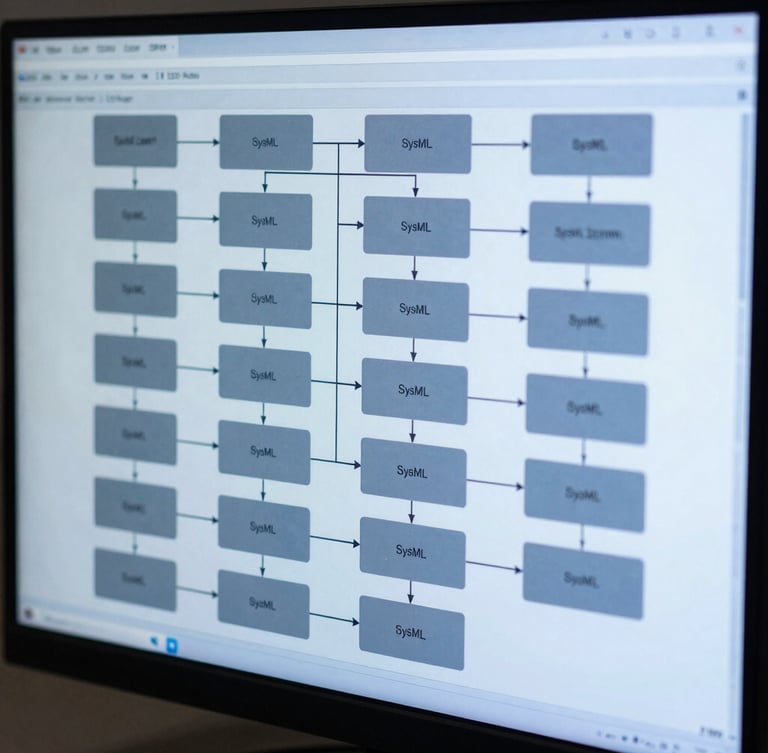 Macro shot of a high-resolution SysML block definition diagram on a vertical monitor, cool precise technical lighting with blue undertones, sharp focus on interconnected systems architecture blocks, clean slate and steel-blue palette