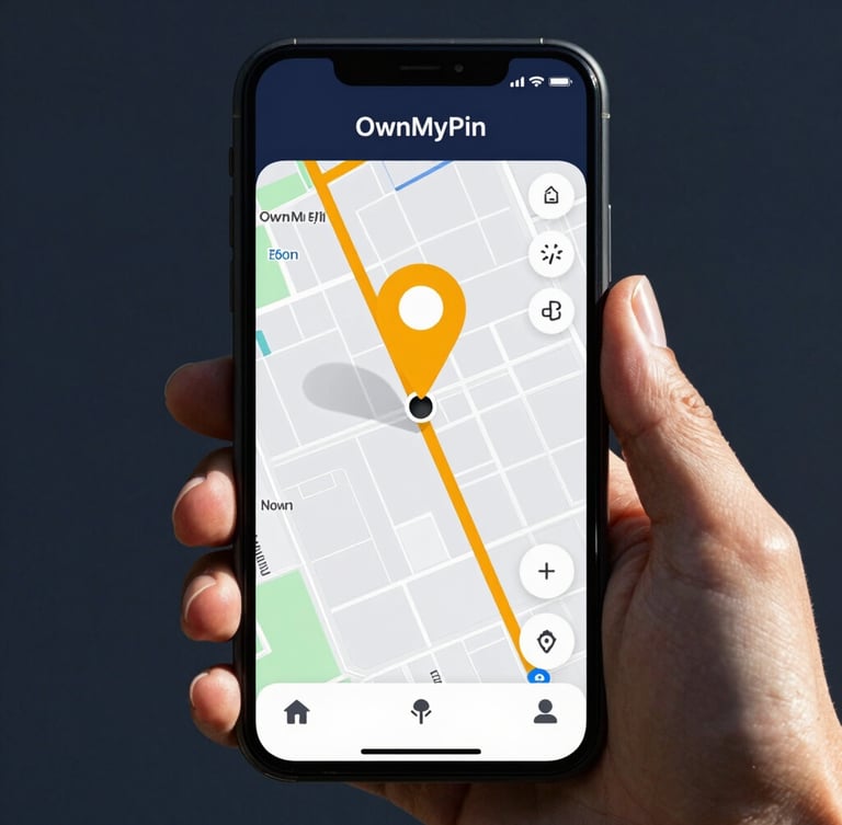 A clean mobile UI mockup of OwnMyPin showing a precise route map with a bright saffron pin on a dark smartphone screen, held by a hand, high-contrast shadows.