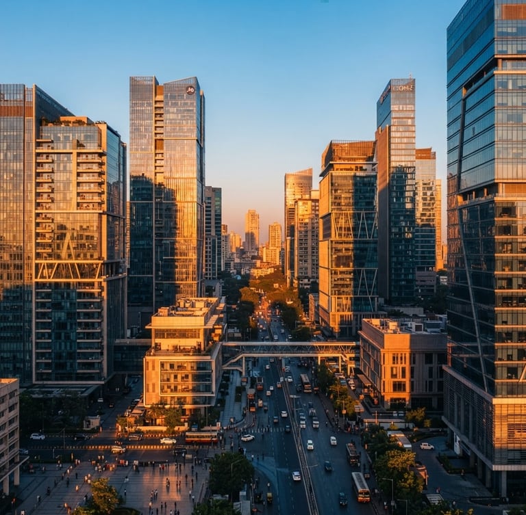 Wide-angle editorial corporate photography of a modern Mumbai business district at sunrise, sharp geometric shadows, warm orange sunlight hitting glass facades, 35mm