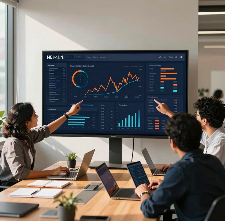 A bright, high-contrast photo of a creative team analyzing digital marketing dashboards on a large screen in a modern Bengaluru office, warm natural sunlight, sharp shadows, 35mm